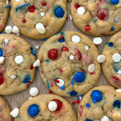 Celebrate in style with these Patriotic Cookies. Soft, chewy cookies decorated in the classic red, white, and blue colors perfect for your holiday gathering!