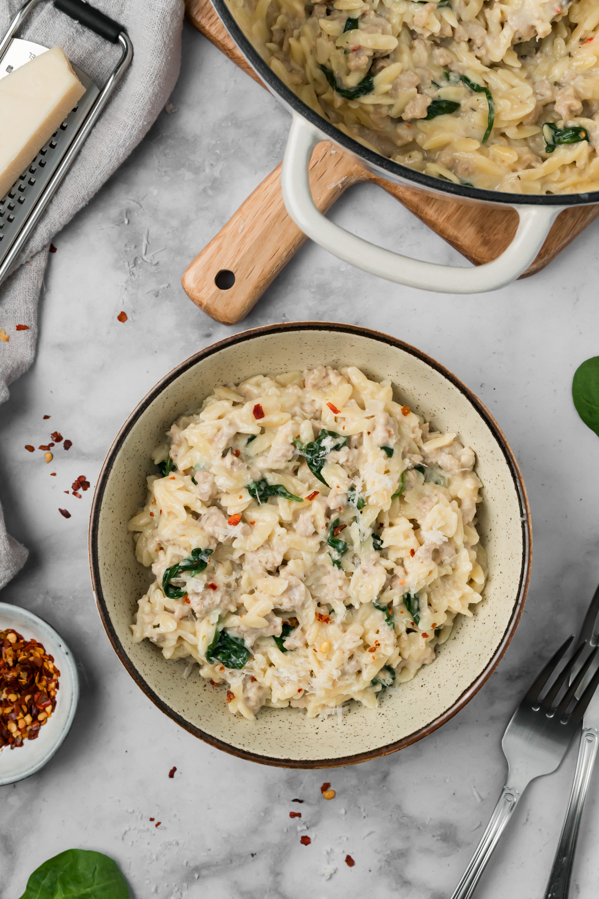 Sausage orzo in a bowl.