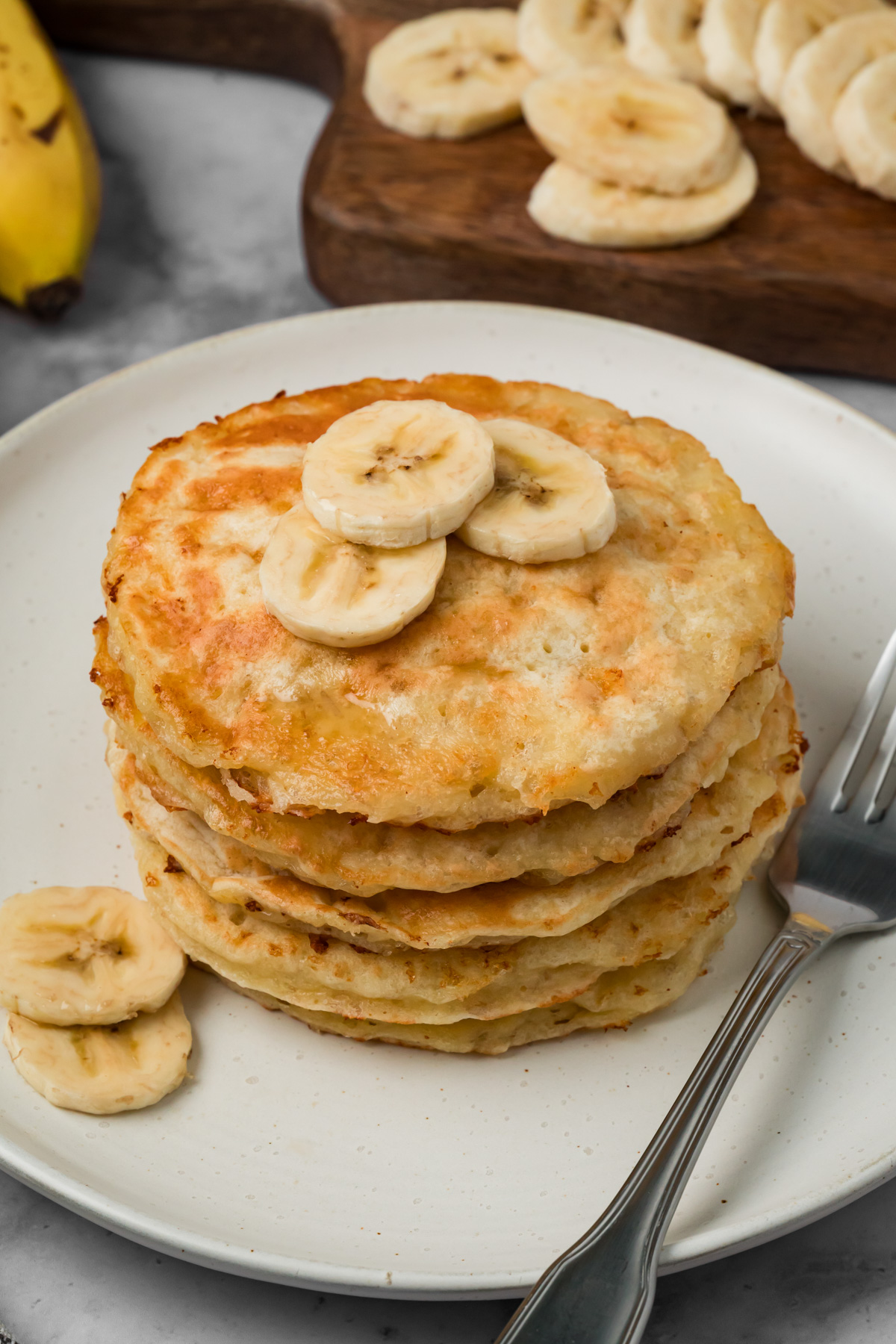 Stack of cottage cheese banana pancakes.