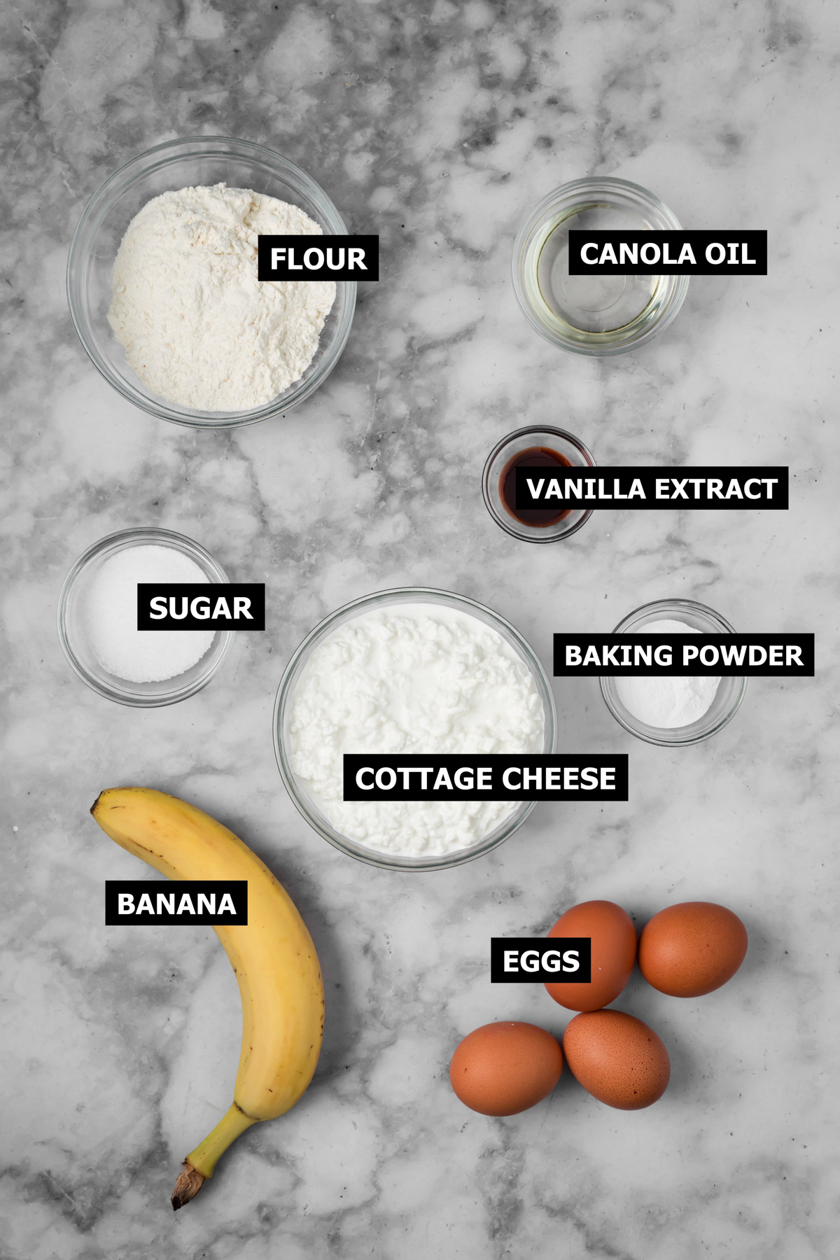 Ingredients for banana cottage cheese pancakes.