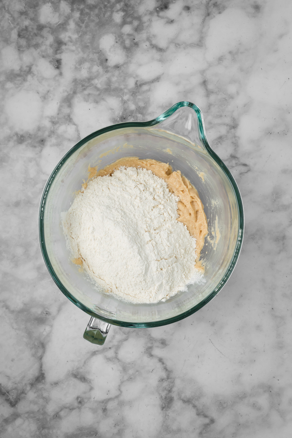 Dry ingredients added to the wet ingredients.