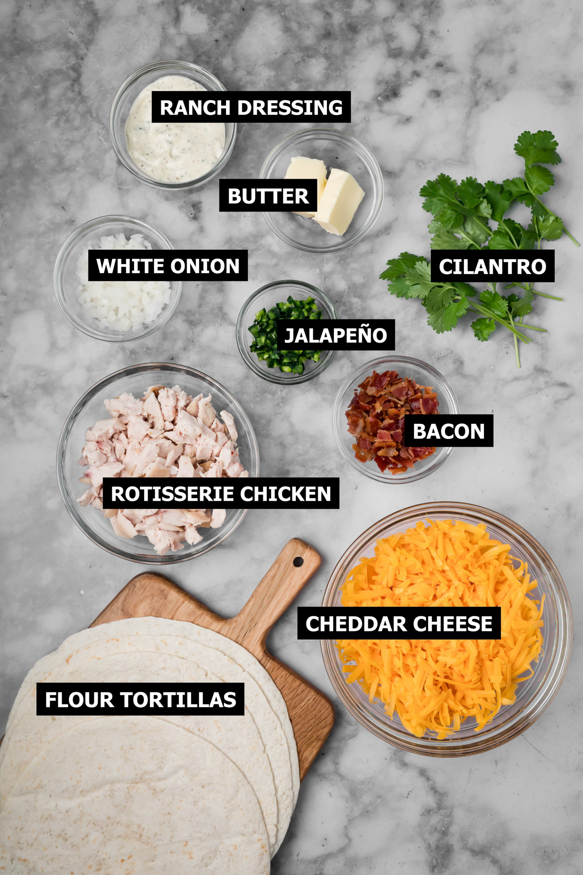 Ingredients for chicken bacon ranch quesadillas.