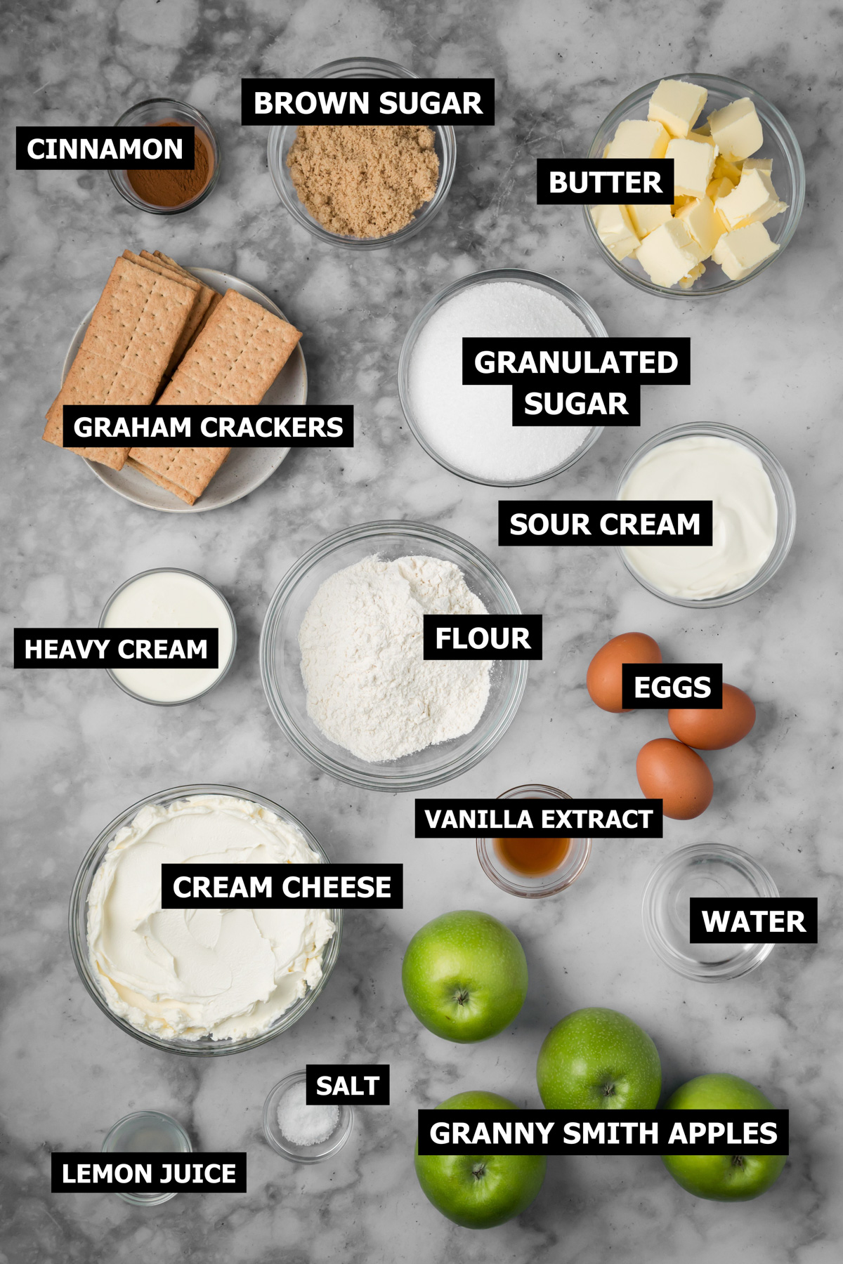Ingredients for apple crumble cheesecake.