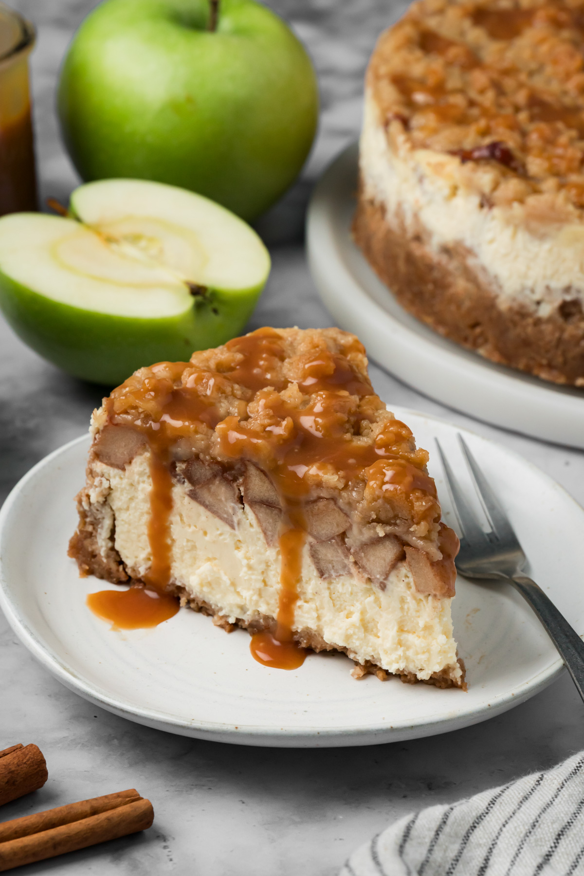 A slice of apple crumble cheesecake.