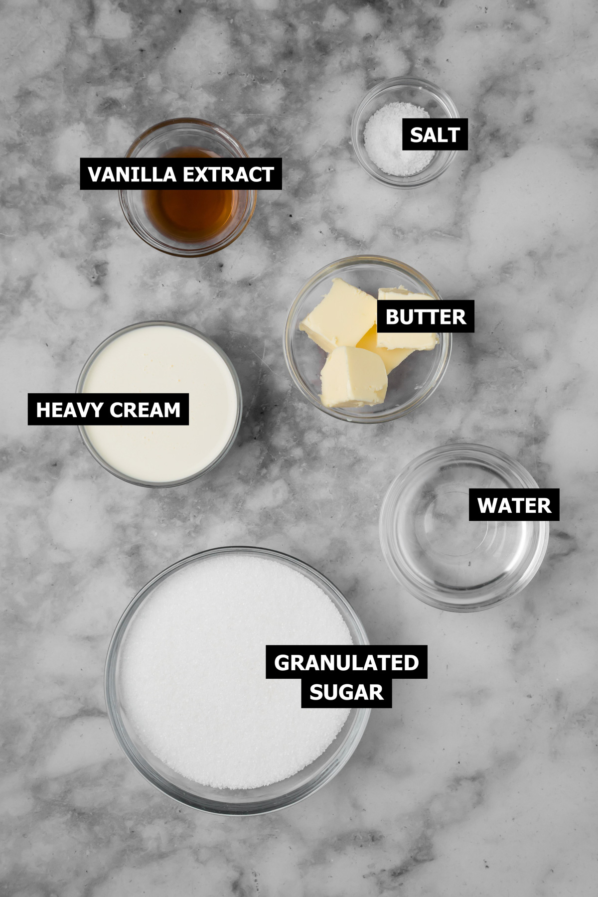 Ingredients for salted caramel sauce.
