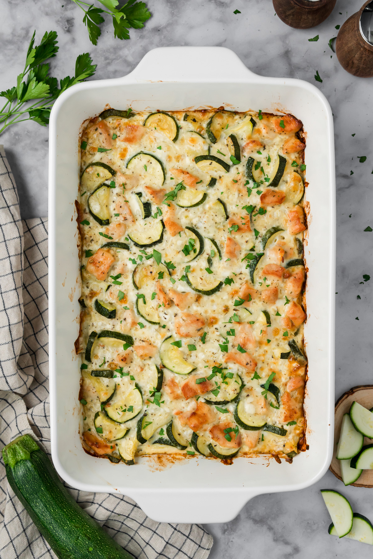 Chicken zucchini bake after being baked in the oven.