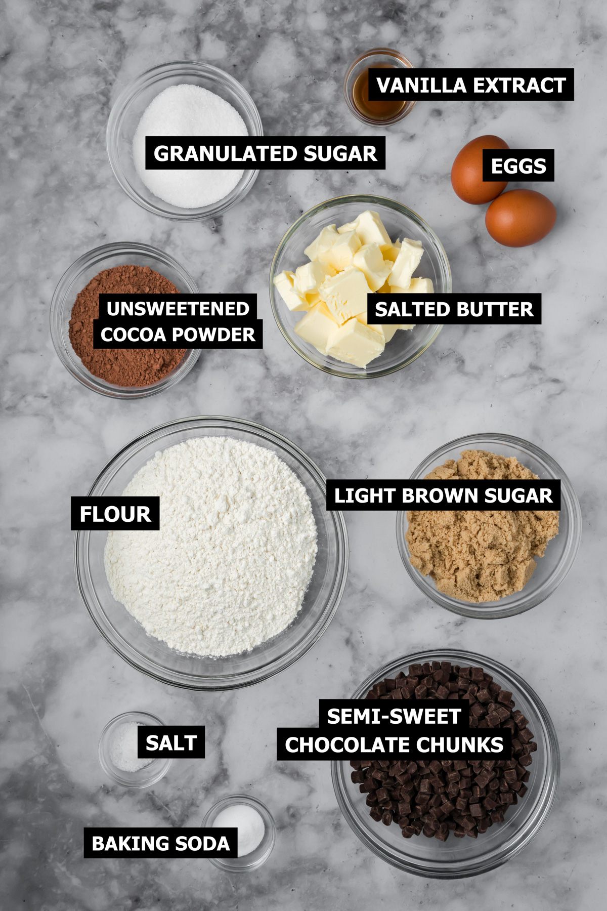 Ingredients for dark chocolate cookies.