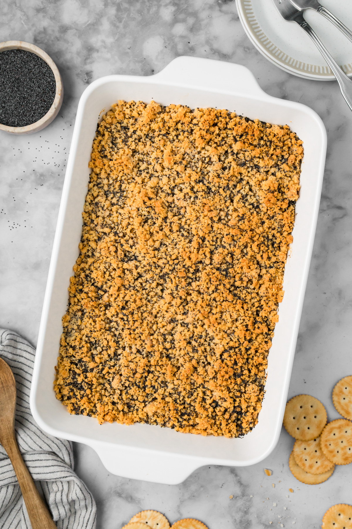 Poppy seed chicken casserole after baking.