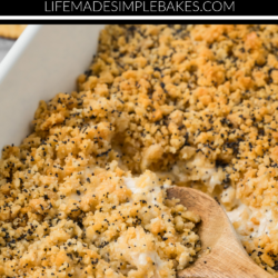 Indulge in comfort food with this Poppy Seed Chicken Casserole. Savory chicken coated in a creamy sauce and topped with a crunchy cracker and poppy seed topping.