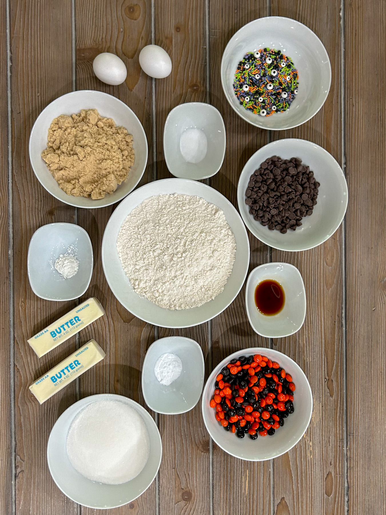 Ingredients for Halloween chocolate chip cookies.