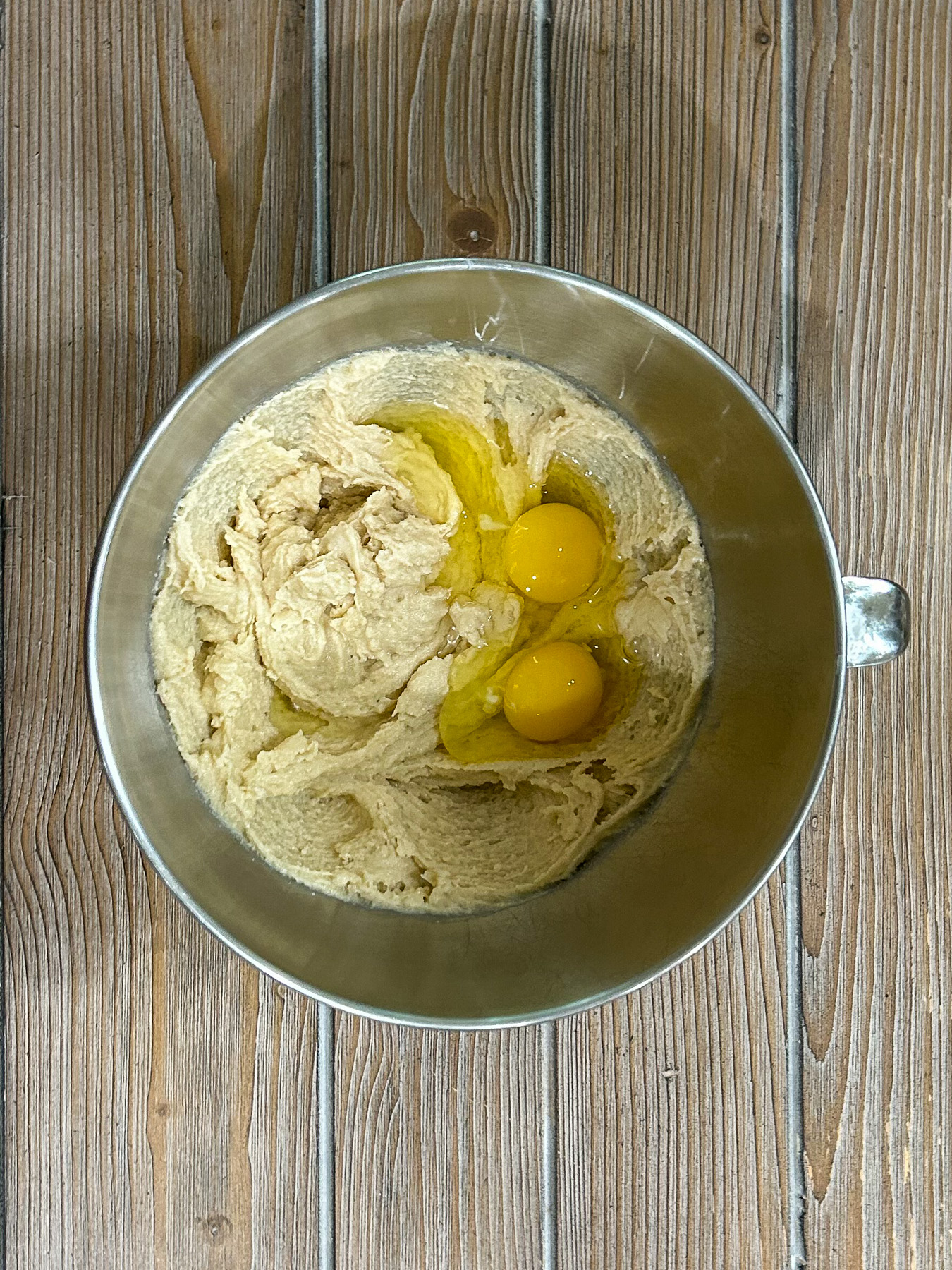 Eggs added to the cookie dough.