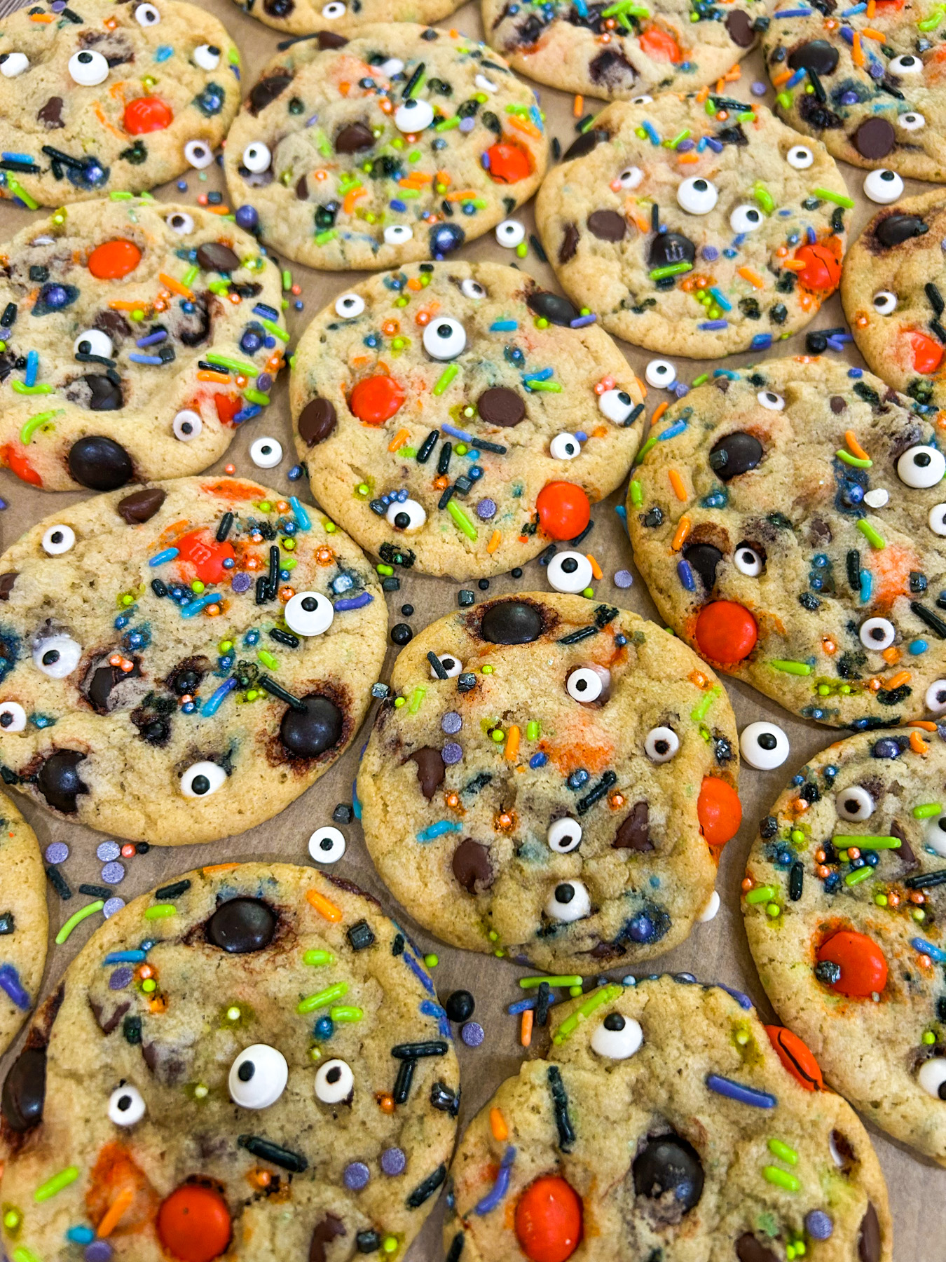 Halloween chocolate chip cookies on a table.