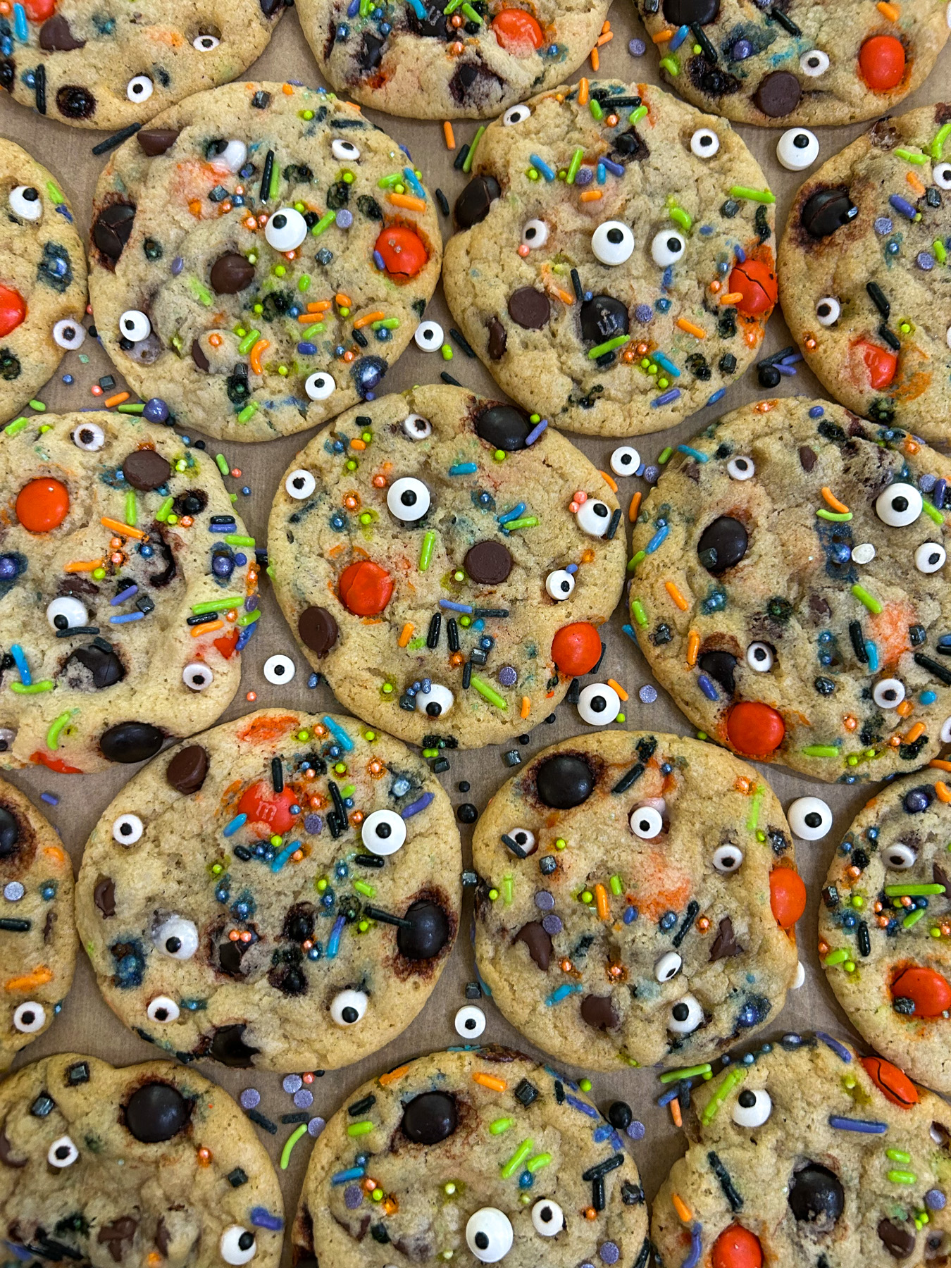 Halloween chocolate chip cookies on a table.
