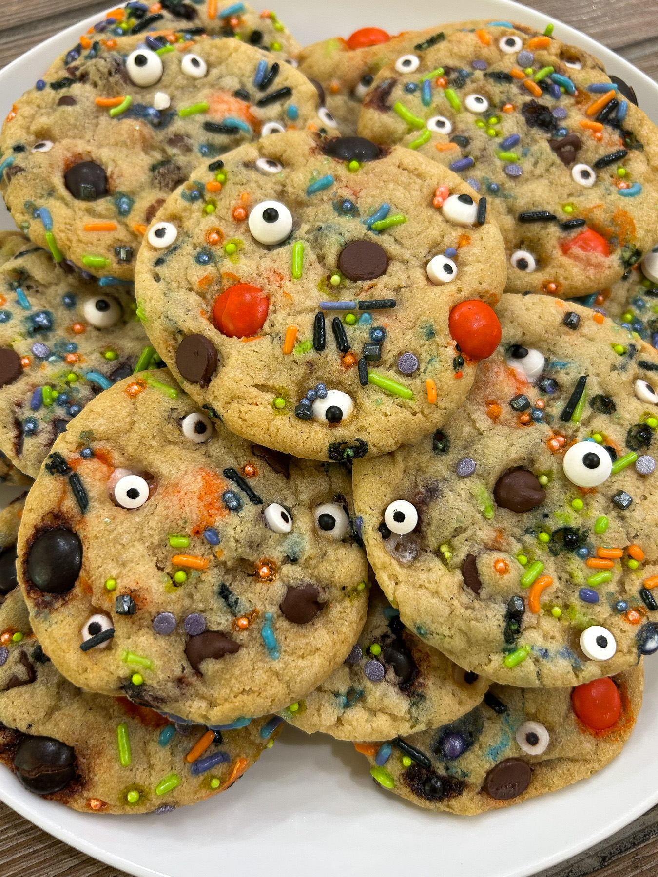 Halloween Chocolate Chip Cookies on a white plate.