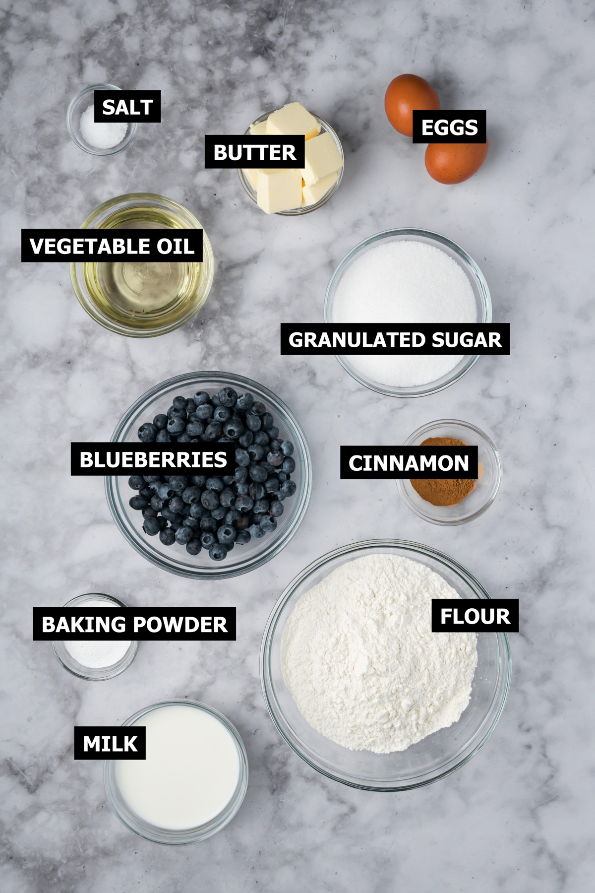 Ingredients for bakery style blueberry muffins.