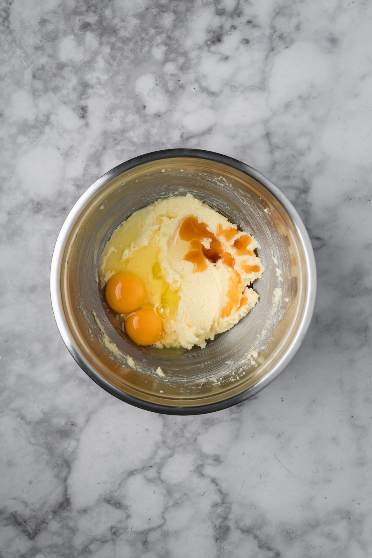 Eggs and vanilla added to the batter.
