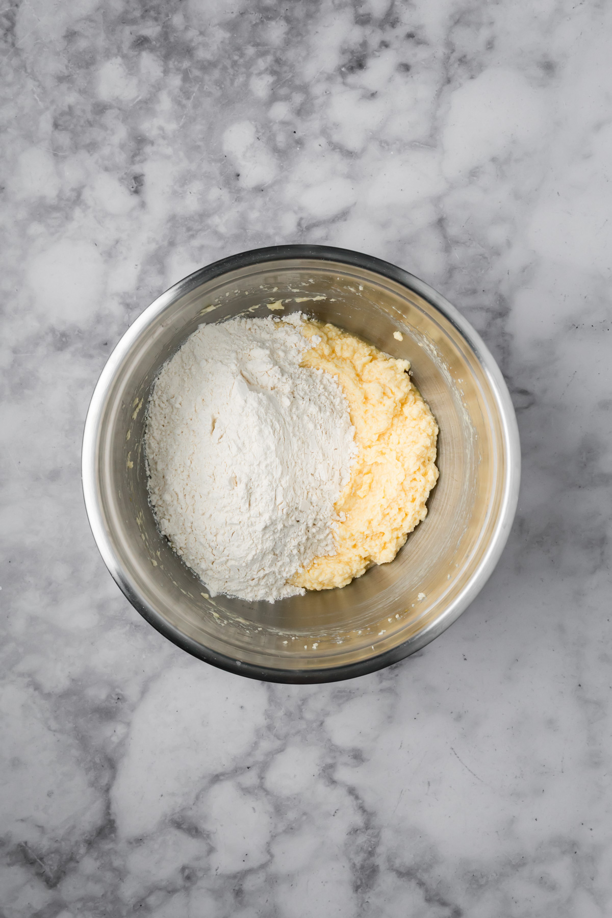 Dry ingredients added to the wet. 
